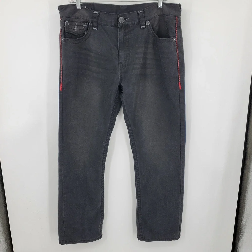 True Religion Ricky Super T Mens 42 Black Jeans Red Contrast Stitch Made in USA